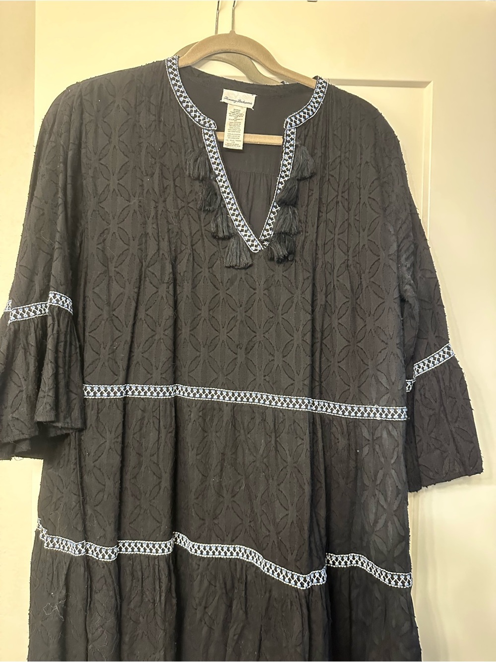 Black Embroidered Tassel V-Neck Women's Dress by Tommy Bahamma. EUC.  Size L